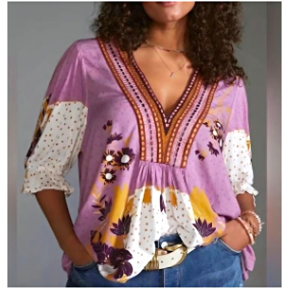 Anthropologie Bl-nk Stephanie Top Small Petite Purple Floral Boho V Neck Blouse